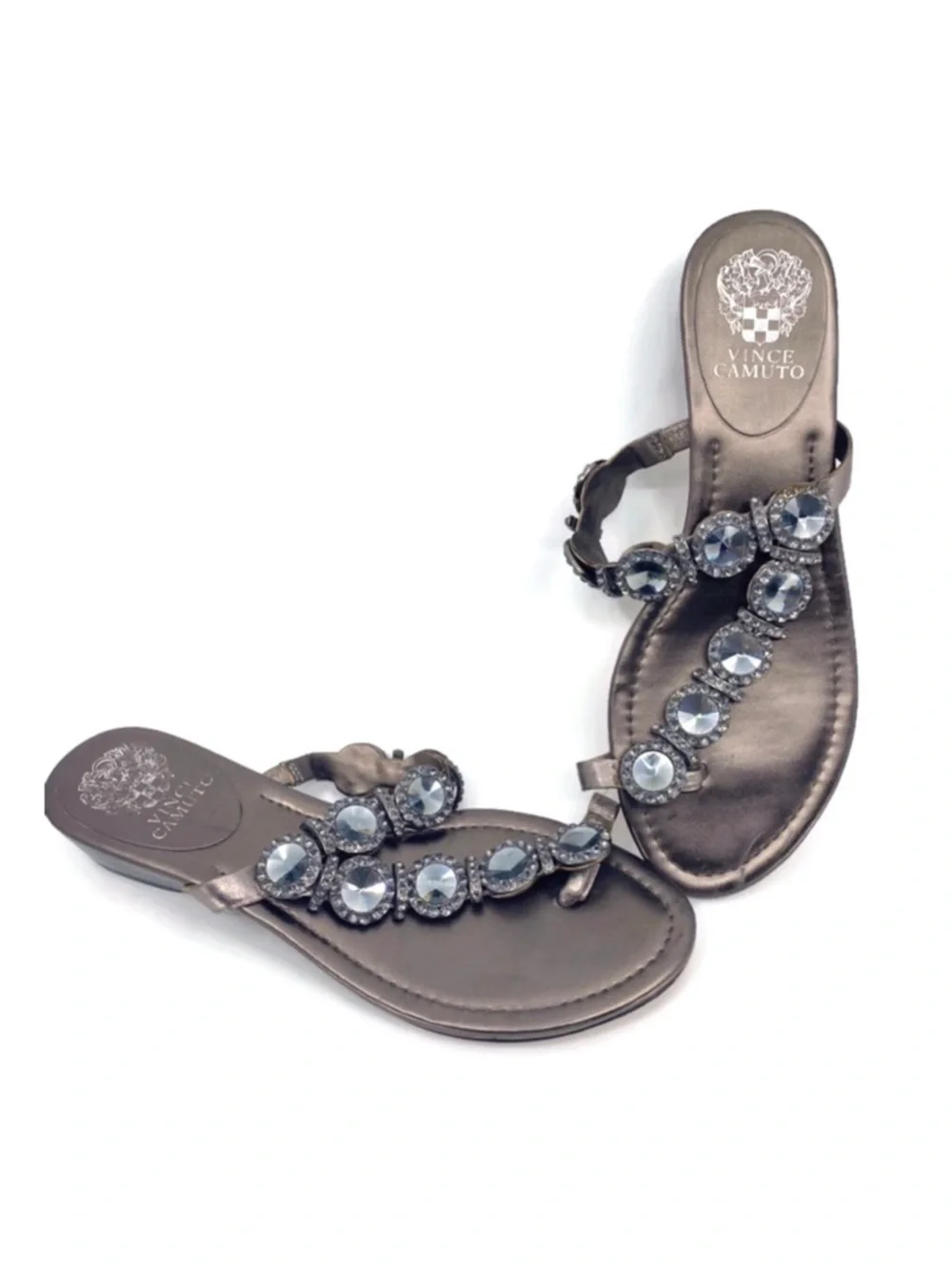 Vince Camuto Metallic Leather Imanal Rhinestone Jeweled Kitten Wedge Sandals